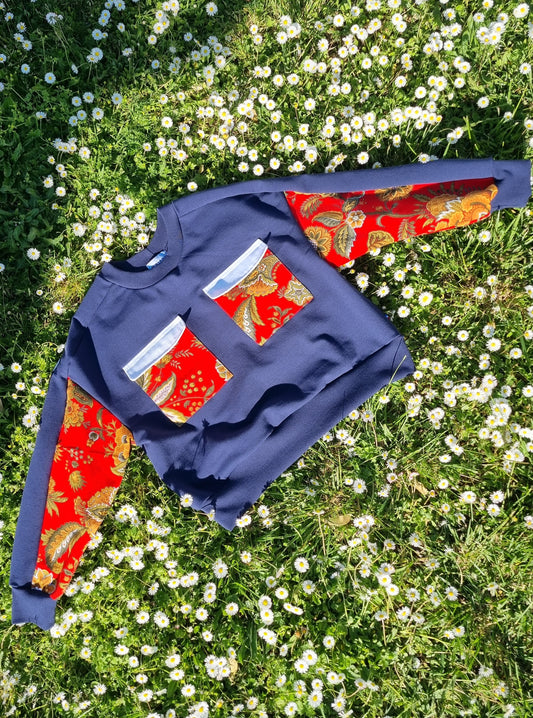 Sweat-shirt Marguerite - marine- fleurs rouges