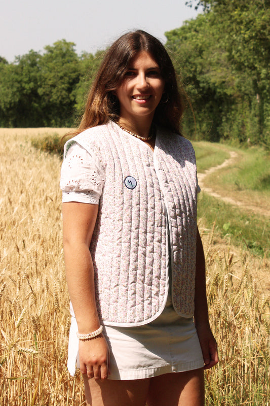 Veste sans manches matelassée - Fleuri vert / écru rose