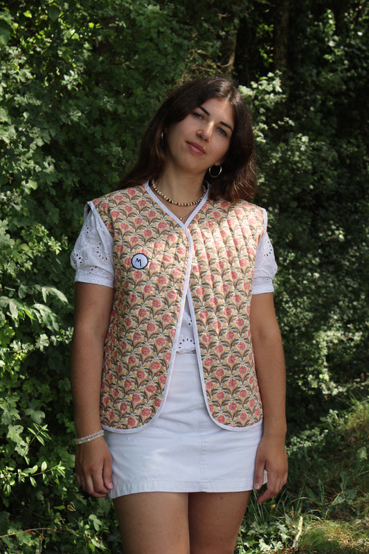 Veste sans manches matelassée - Fleuri marron / orange