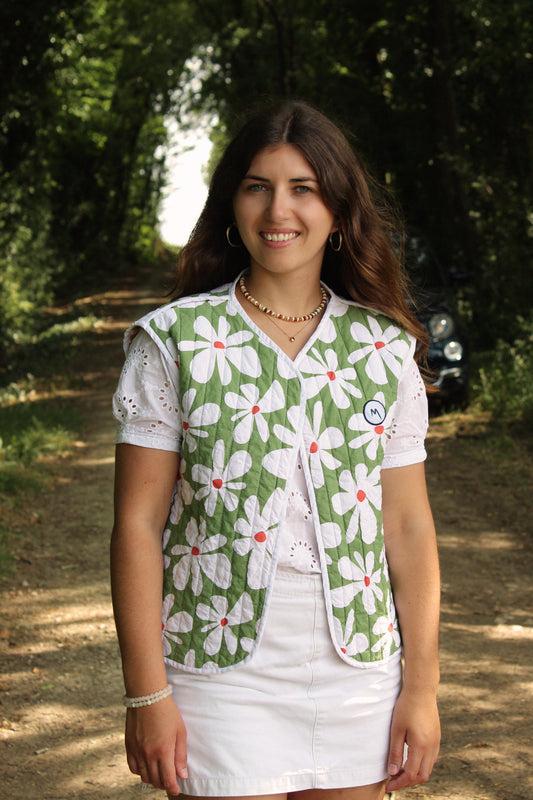 Veste sans manches matelassée - Fleuri XL vert / carreaux orange