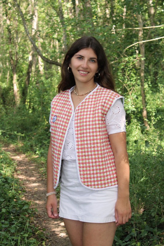 Veste sans manches matelassée - Fleuri XL vert / carreaux orange