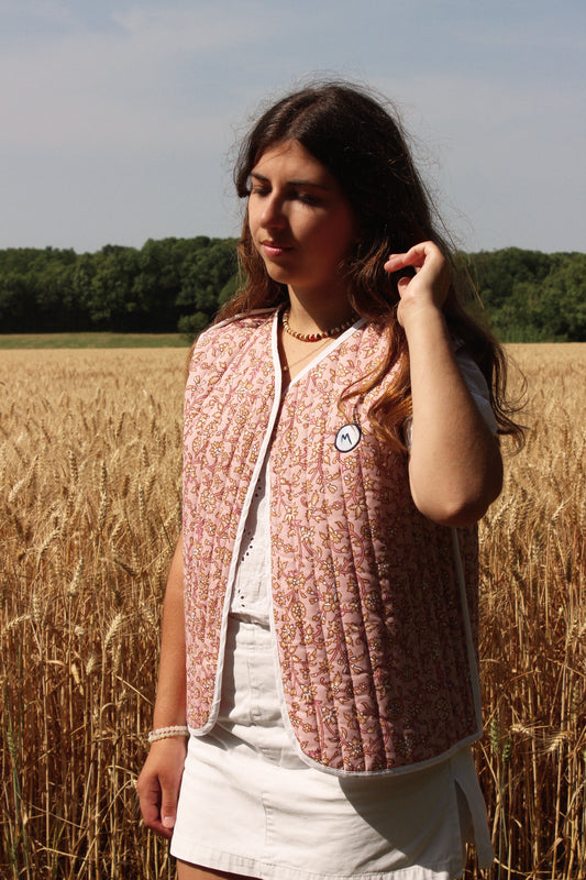 Veste sans manches matelassée - Fleuri écru / rose