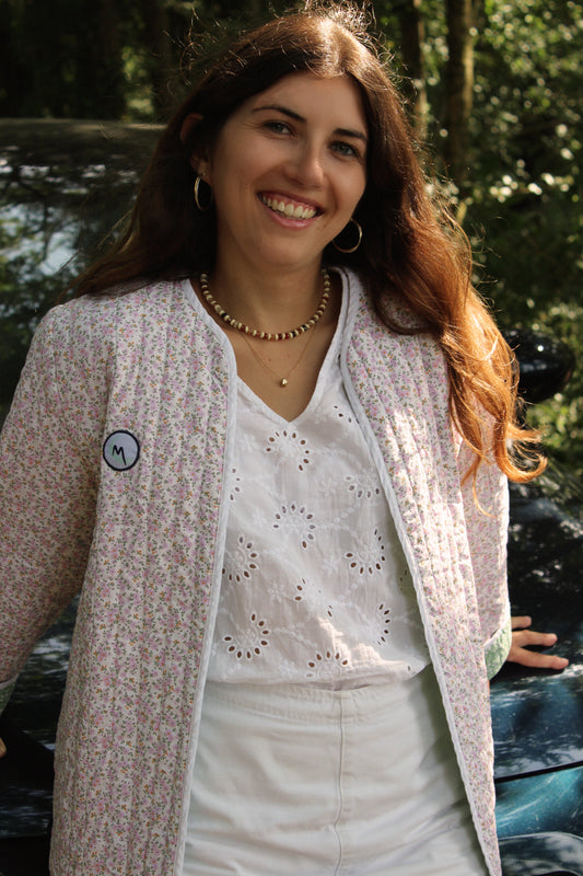 Veste matelassée - Fleuri vert / écru rose