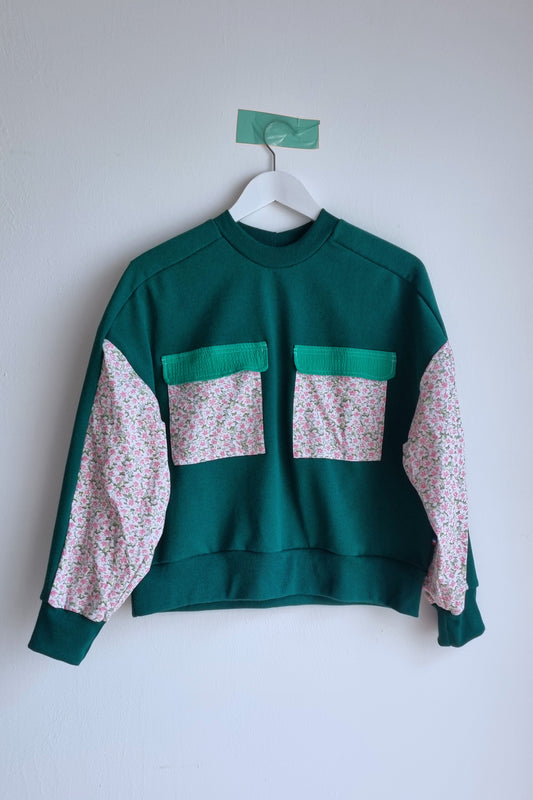 Sweat-shirt Marguerite - vert- fleurs rose