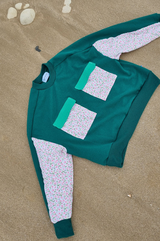 Sweat-shirt Marguerite - vert- fleurs rose