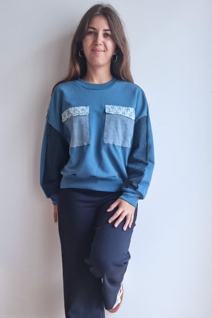 Sweat-shirt Marguerite - bleu - jean et fleurs