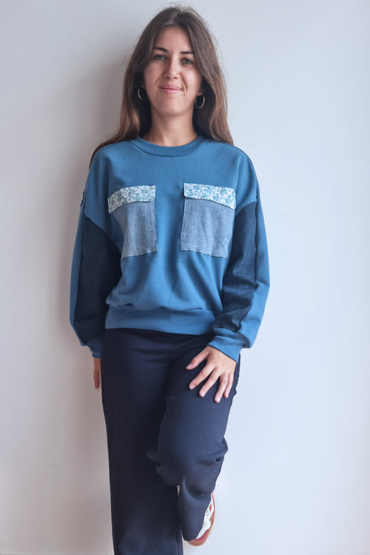 Sweat-shirt Marguerite - bleu - jean et fleurs