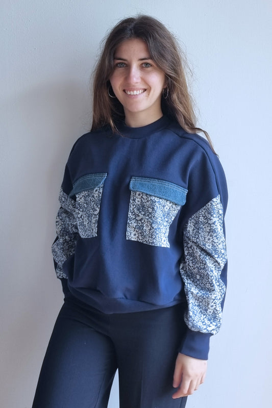Sweat-shirt Marguerite - marine- fleurs bleu