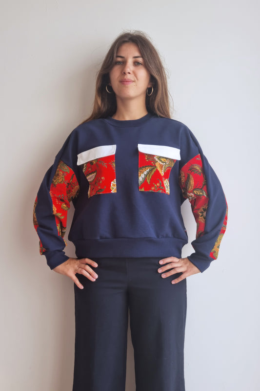 Sweat-shirt Marguerite - marine- fleurs rouges