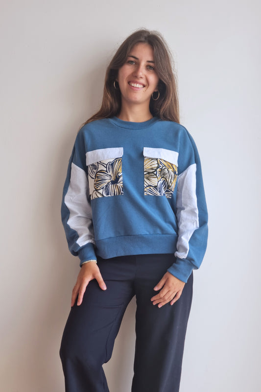 Sweat-shirt Marguerite - bleu - rayures et fleurs